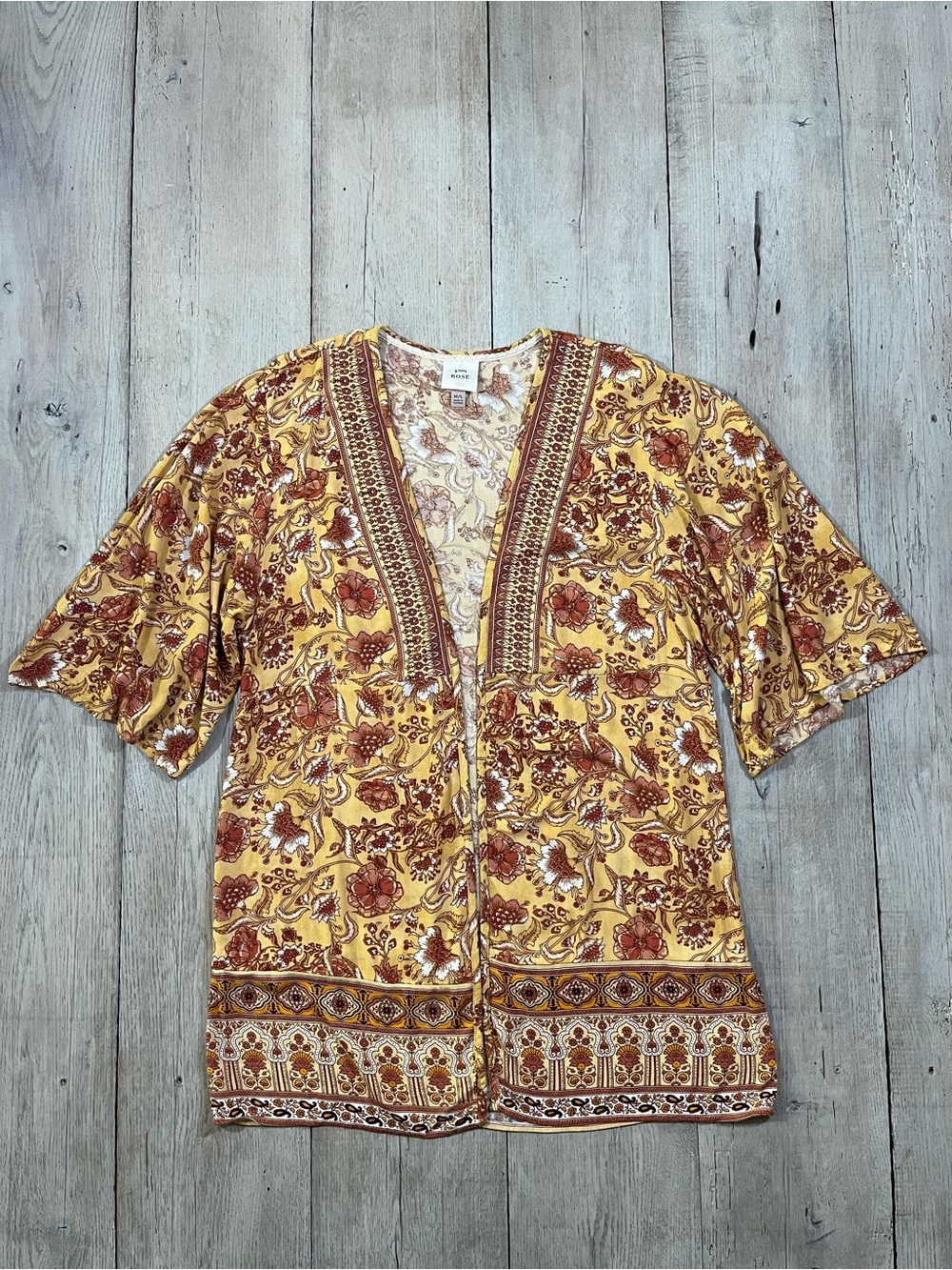 Knox Rose Yellow Boho Floral Kimono Cardigan Open Front Short Sleeve Size M/L